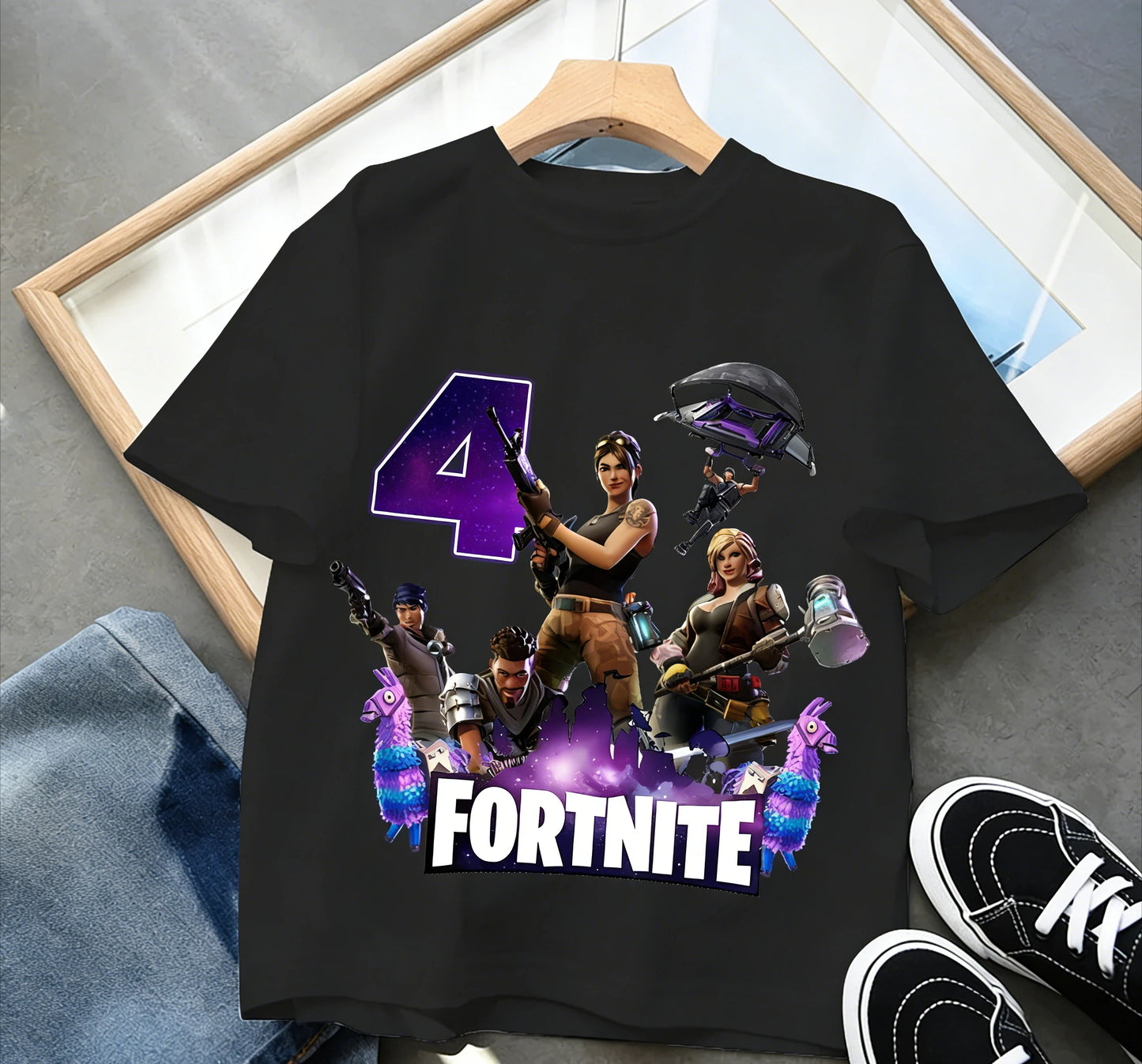 T-shirt de aniversário infantil Fortnites com número para menina e menino, roupa de verão em algodão para bebé, top de manga curta para festa, presente para criança pequena