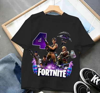 T-shirt de aniversário infantil Fortnites com número para menina e menino, roupa de verão em algodão para bebé, top de manga curta para festa, presente para criança pequena