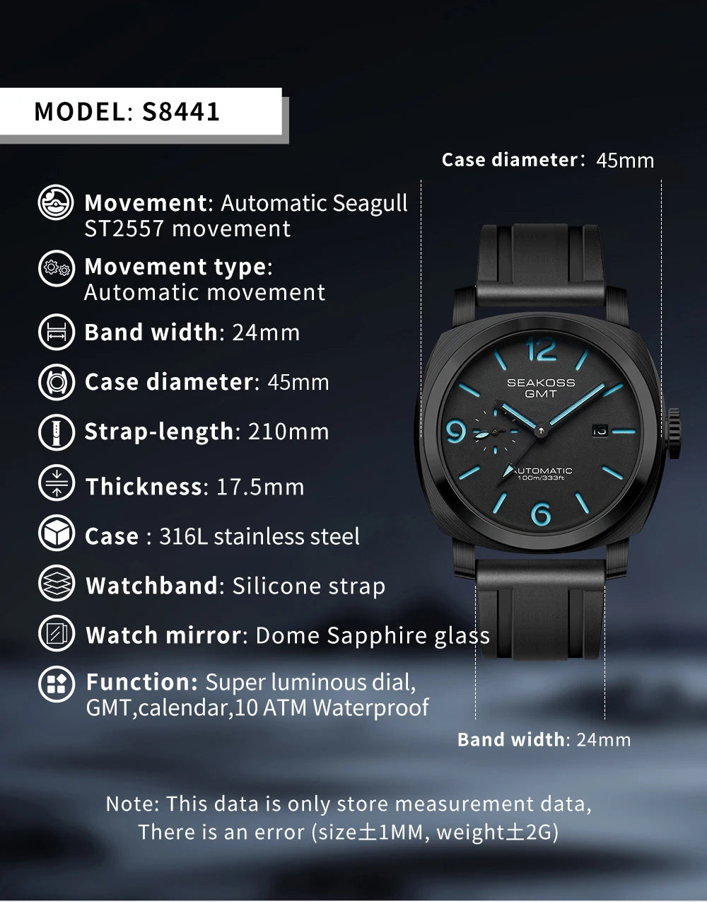SEAKOSS GMT Men‘s Diving Automatic Mechanical Watches Seagull ST2557 Movement 316L Super Luminous Calendar 10Bar Reloj Homber