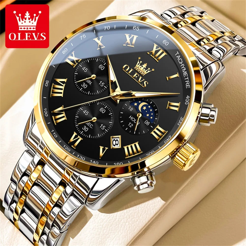 Relógio de Homem OLEVS 5529 de Marca Top Luxury, Impermeável, Luminoso, em Aço Inoxidável, com Fase Lunar e Código de Temporização, Novo Relógio de Quartzo para Homem
