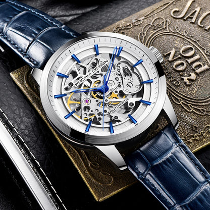 PAGANI DESIGN Új, csontvázszerkezetű férfi mechanikus karórák – csúcsminőségű luxus automata karórák férfiaknak, kék bőr szíjjal, vízálló karóra férfiaknak