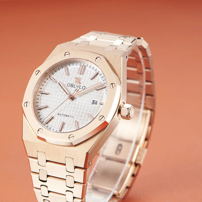 OBLVLO TM-ASP Luxury Men's Watch 41mm Blue Dial Rose Gold Automatic Luminous Waterproof Mechanical Casual Business Watch