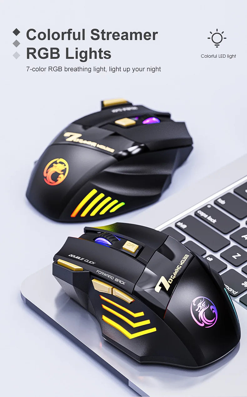 Rato Gaming Sem Fios USB IMICE GW-X7 3200DPI Modo Duplo Recarregável 7 Teclas 2.4Ghz Rato Silencioso Bluetooth LED Respirante de 7 Cores