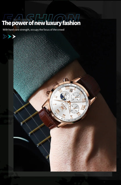 Relógio de Homem OLEVS 5529 de Marca Top Luxury, Impermeável, Luminoso, em Aço Inoxidável, com Fase Lunar e Código de Temporização, Novo Relógio de Quartzo para Homem