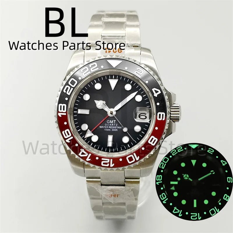 BLIGER 40mm 515 24H GMT Men's Watch Stainless Steel Clasp Luminous Quartz Movement Ceramic Bezel 10Bar Waterproof Sapphire Glass