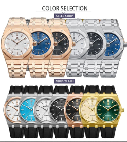 OBLVLO TM-ASP Luxury Men's Watch 41mm Blue Dial Rose Gold Automatic Luminous Waterproof Mechanical Casual Business Watch