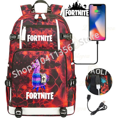 Mochila Red Jade F-Fortnited Battle Royale com carregamento USB, figuras anime e compartimento para material escolar para estudantes