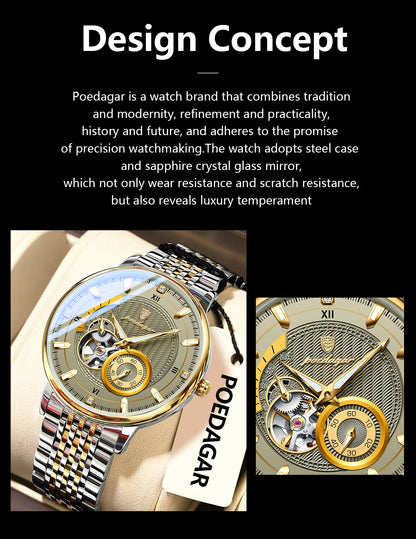 POEDAGAR Top Luxury Man Wristwatch Luminous Hollow Tourbillon Stainless Steel Men Clock Mechanical Automatic Men's Watches Reloj