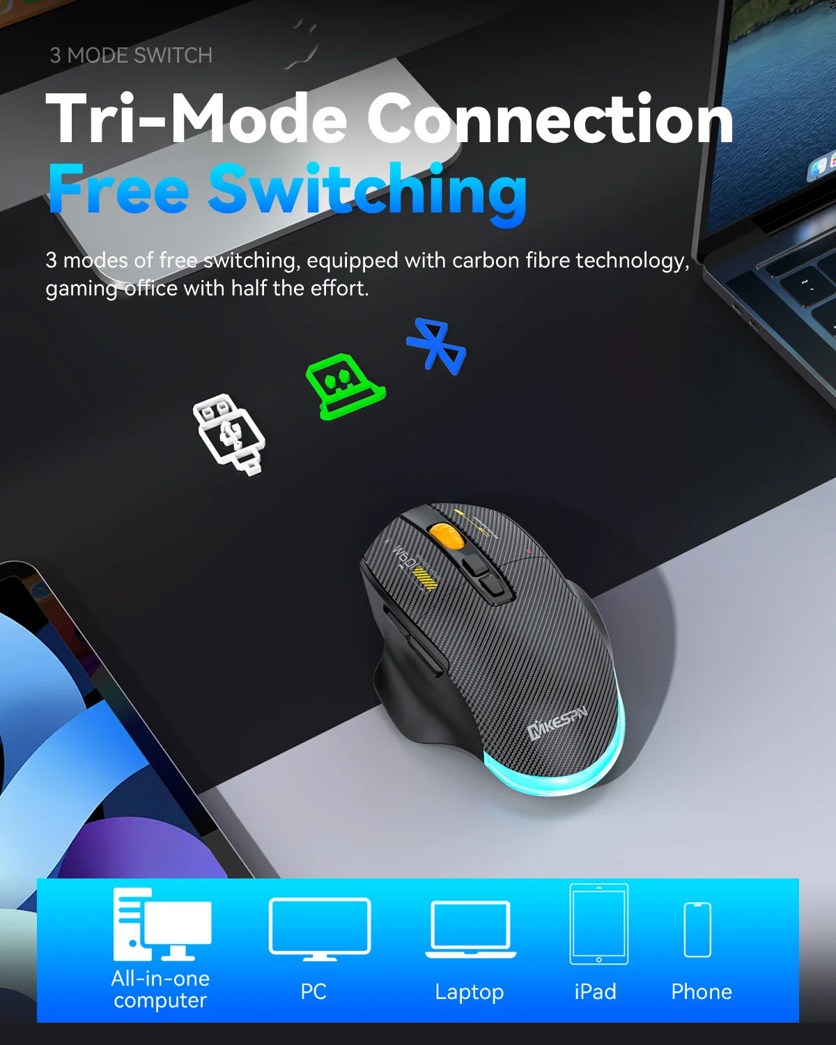 Rato Gaming Sem Fios Bluetooth, 12800 DPI, Rato RGB com Fio/Sem Fios com 7 Botões Programáveis, para PC e Portátil, Gaming