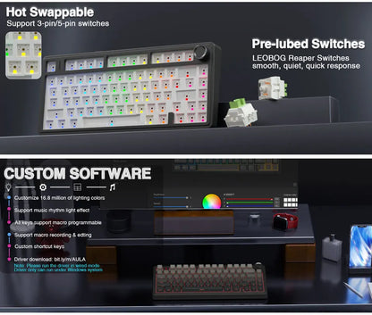 Teclado mecânico gaming AULA F75 RGB personalizado, layout 75%, gravação lateral, montagem gasket, 80 teclas, keycaps PBT em gradiente