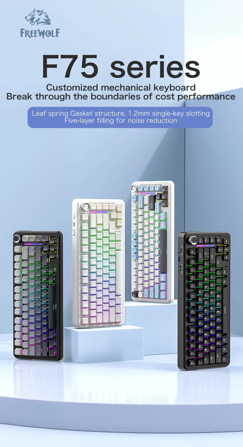F75 Mechanical Keyboard FREEWOLF 81 Keys Layout Metal Knobs PBT Keycaps, Fully Hot-swappable Keys RGB Multi-color Backlighting