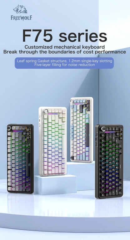 F75 Mechanical Keyboard FREEWOLF 81 Keys Layout Metal Knobs PBT Keycaps, Fully Hot-swappable Keys RGB Multi-color Backlighting