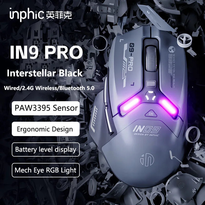 Mouse da gaming wireless Inphic IN9PRO 26000DPI 8K Polling Rate Bluetooth 5.0 cablato 2.4G tri-mode RGB ergonomico