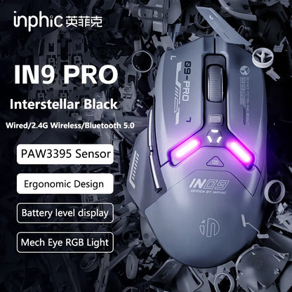 Mouse da gaming wireless Inphic IN9PRO 26000DPI 8K Polling Rate Bluetooth 5.0 cablato 2.4G tri-mode RGB ergonomico