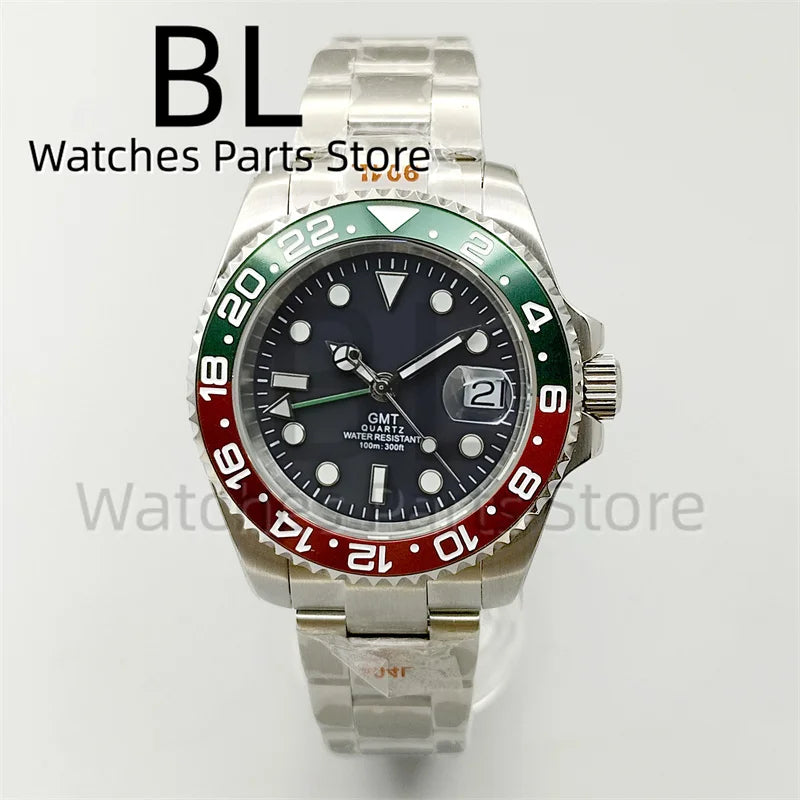 BLIGER 40mm 515 24H GMT Men's Watch Stainless Steel Clasp Luminous Quartz Movement Ceramic Bezel 10Bar Waterproof Sapphire Glass