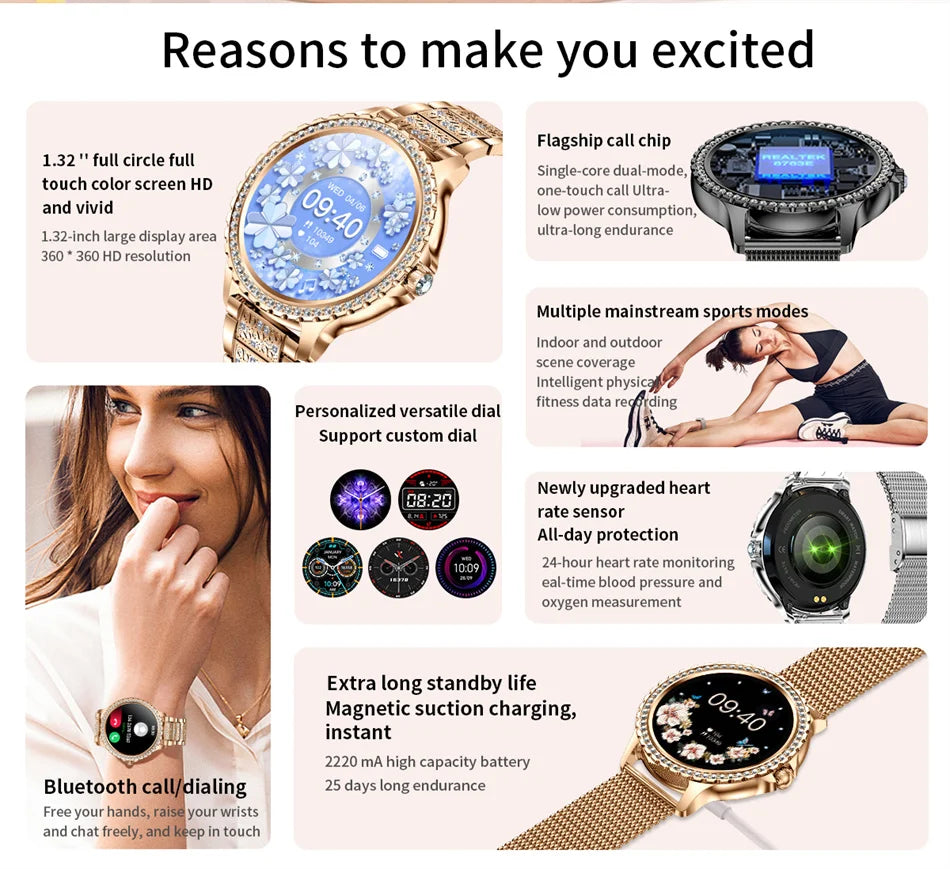 AMOLED Screen Smart Watch Heart Rate Blood Oxygen Fashion Ladies Bracelet 2023 Bluetooth Call Smartwatch Womoen For Android IOS