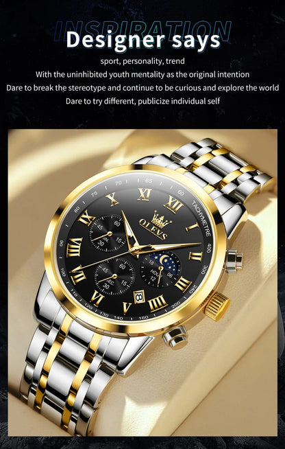 Relógio de Homem OLEVS 5529 de Marca Top Luxury, Impermeável, Luminoso, em Aço Inoxidável, com Fase Lunar e Código de Temporização, Novo Relógio de Quartzo para Homem