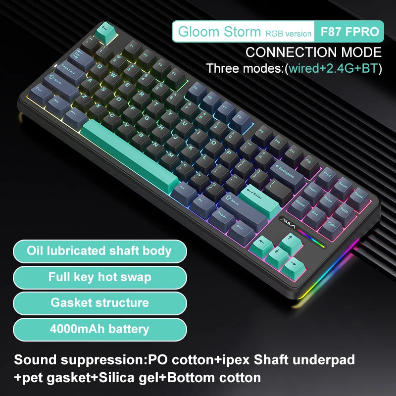 Original AULA F87 Pro Mechanical Keyboard Wireless USB Bluetooth Tri Mode 87 Key RGB PBT Gasket Laptop Gamer PC Gaming Keyboards