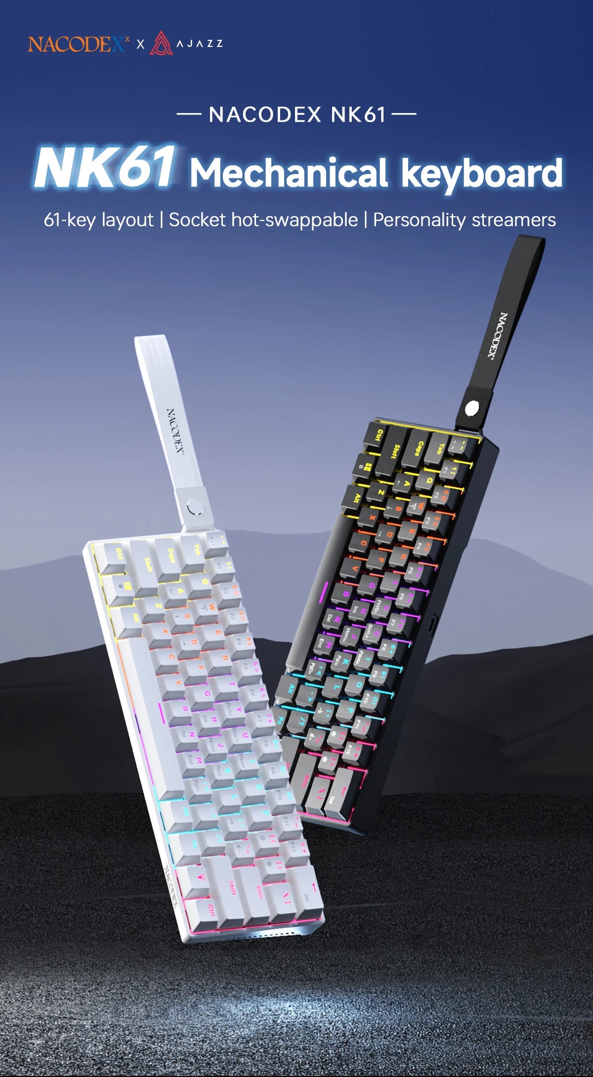 Ajazz NK61 Wired Mechanical Gaming Keyboard with full-key hot-swappable switches RGB lighting effects 61 keys red switches