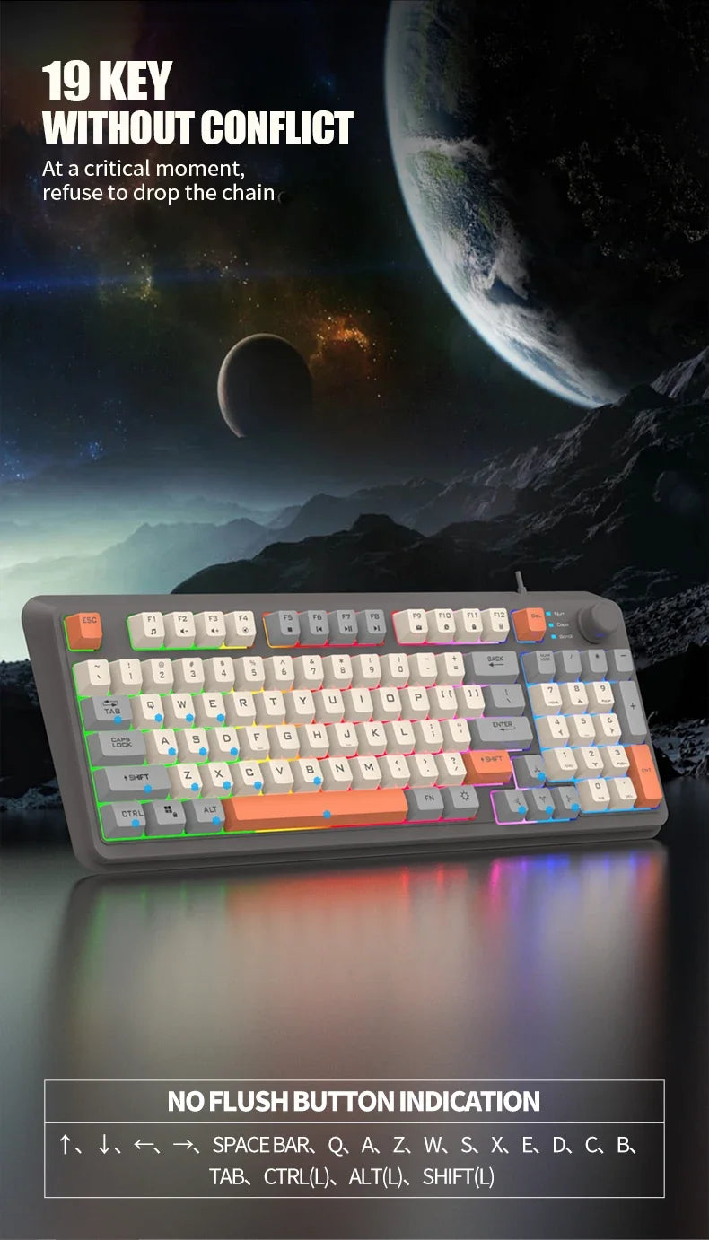 K82 Gaming Keyboard Glows Wired USB Desktop PC/Notebook Available 19-key punchless knob to adjust volume