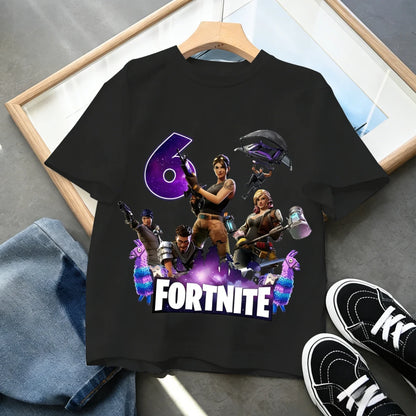 T-shirt de aniversário infantil Fortnites com número para menina e menino, roupa de verão em algodão para bebé, top de manga curta para festa, presente para criança pequena
