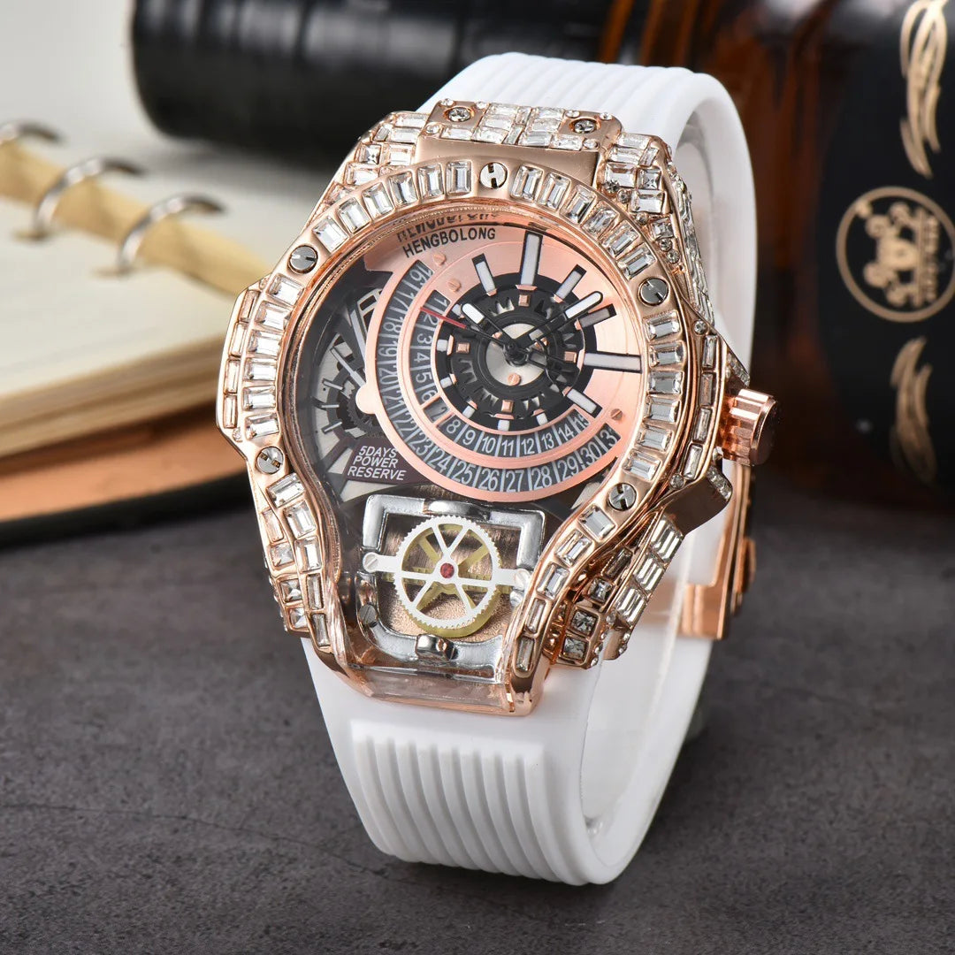 Full diamond Case Business Luxury Top Mens Watches Rubber Strap Color Creative Decorative Quartz Watch Men AAA Clocks Relogio