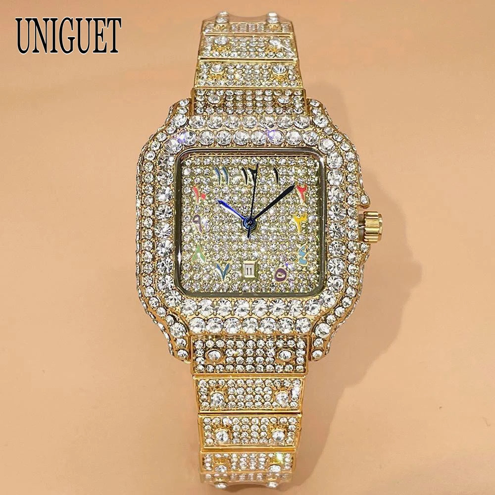 UNIGUET New Women Full Diamond Iced out Watch Fashion Square Rainbow Dial Hip Hop Bling Luxury Quartz Ladies Wristwatch Hot Sale
