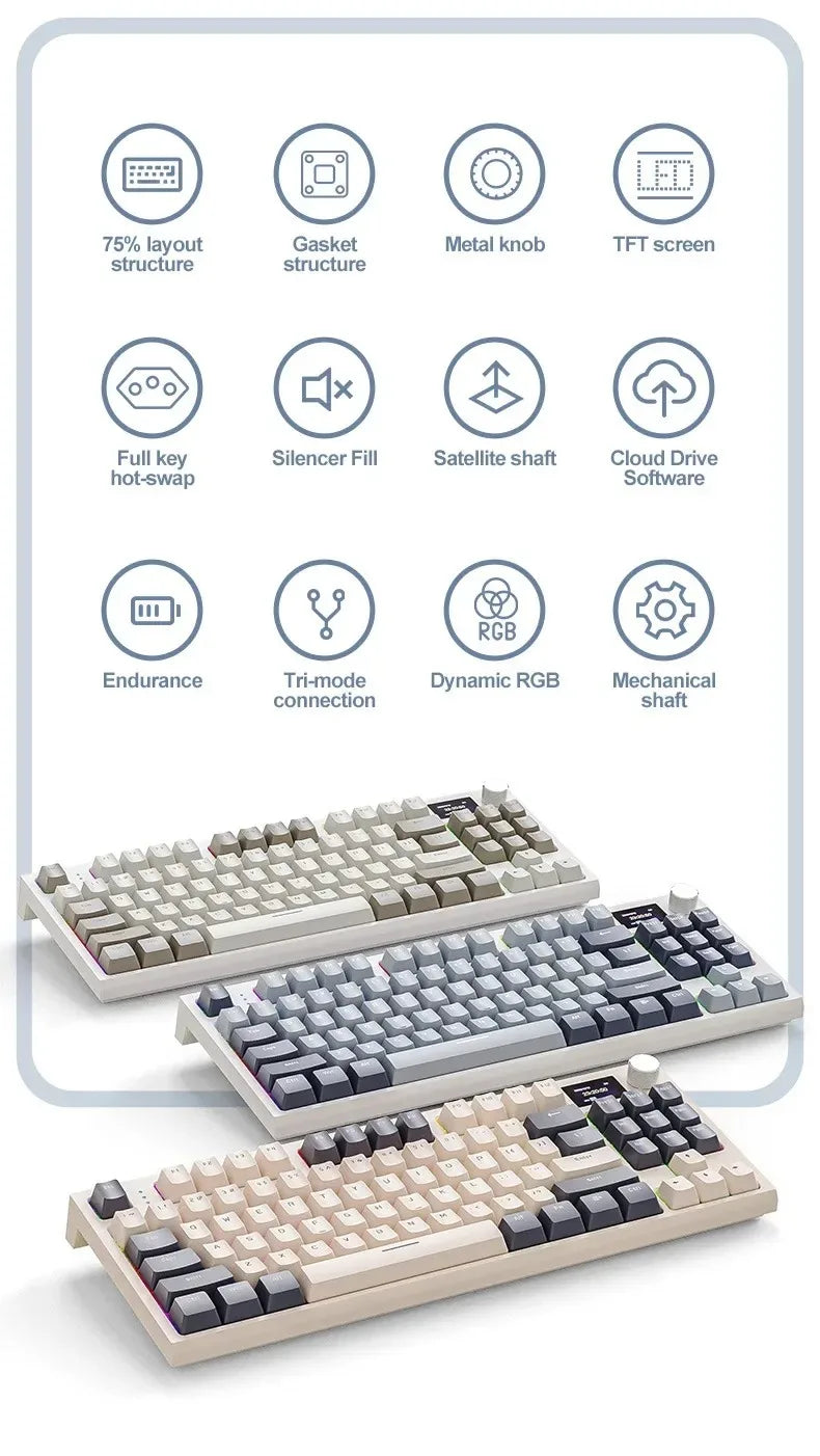 Attack Shark K86 Wireless Mechanical Keyboard, TFT Display, Metal Knob, RGB Backlit, Hot-Swappable, Bluetooth for Gaming & Office