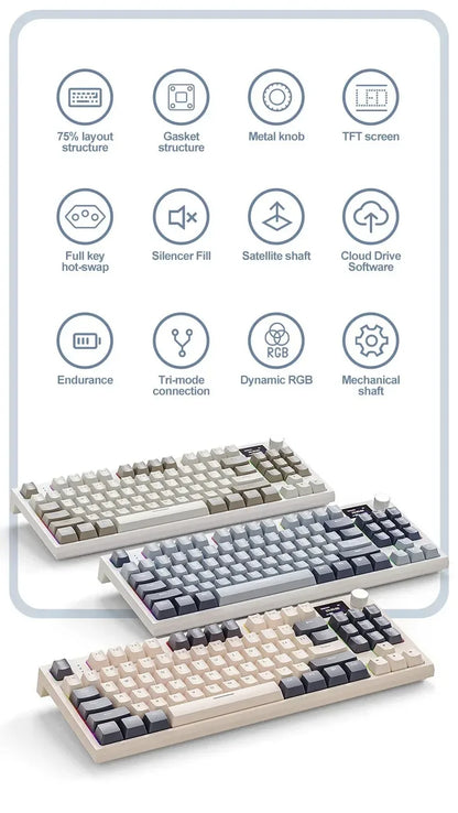 Attack Shark K86 Wireless Mechanical Keyboard, TFT Display, Metal Knob, RGB Backlit, Hot-Swappable, Bluetooth for Gaming & Office
