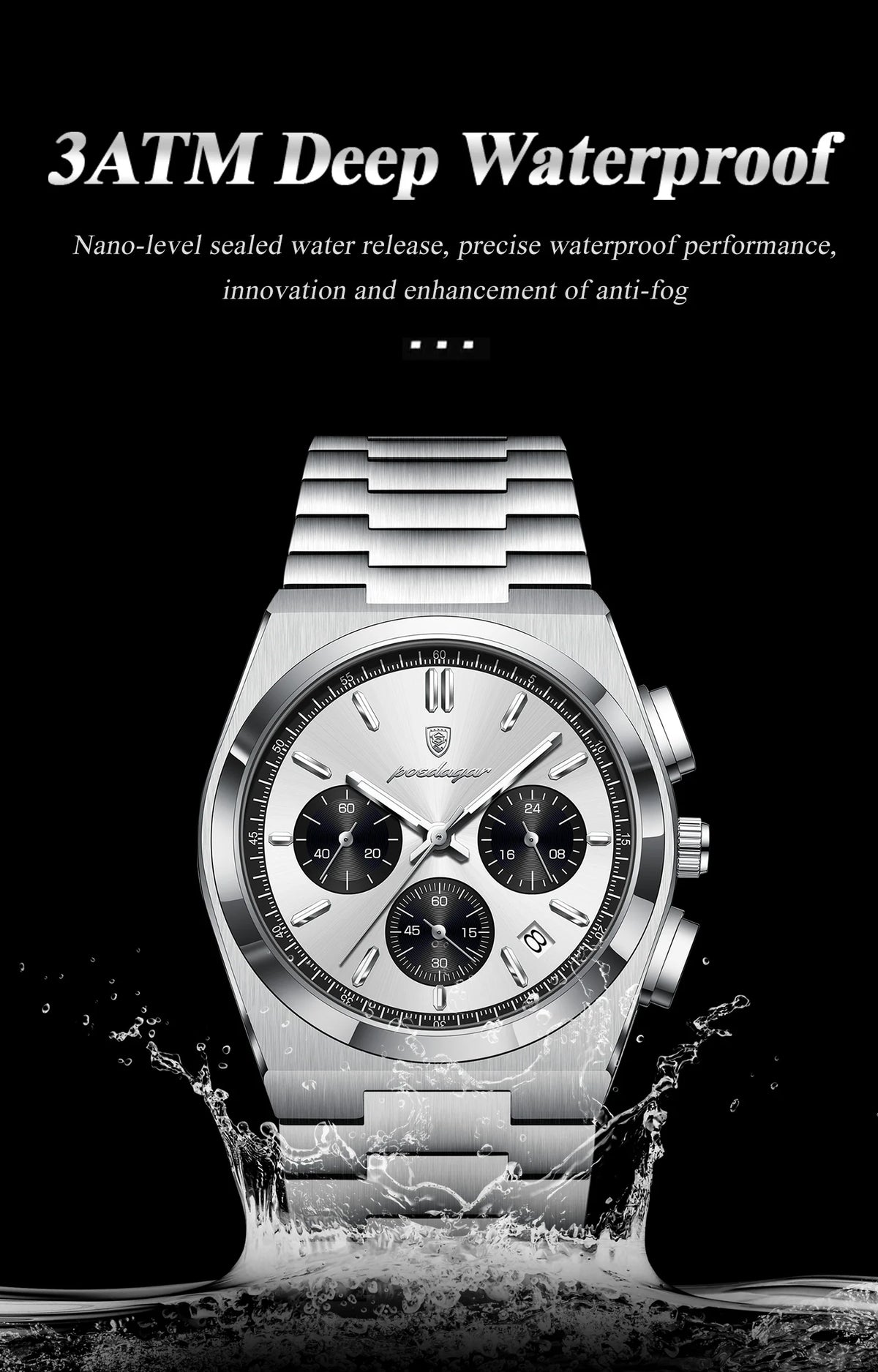 POEDAGAR Luxury Men's Watch Chronograph Date Stainless Steel Casual Man Clock Waterproof Luminous Fashion Quartz Watches For Men