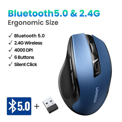 Mouse wireless UGREEN Bluetooth 5.0 ergonomico 4000DPI con 6 pulsanti silenziosi per MacBook, tablet, laptop, computer e PC, mouse 2.4G