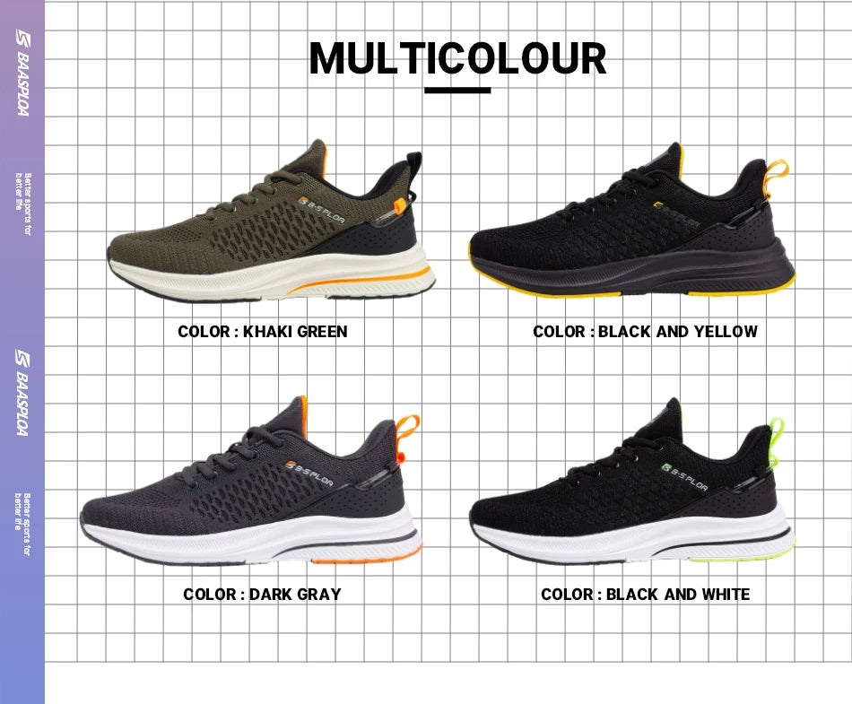 Baasploa Men Running Shoes New Breathable Mesh Sport Sneakers Plus Size 41-48 Male Classic Casual shoes Non-slip Outdoor Comfort