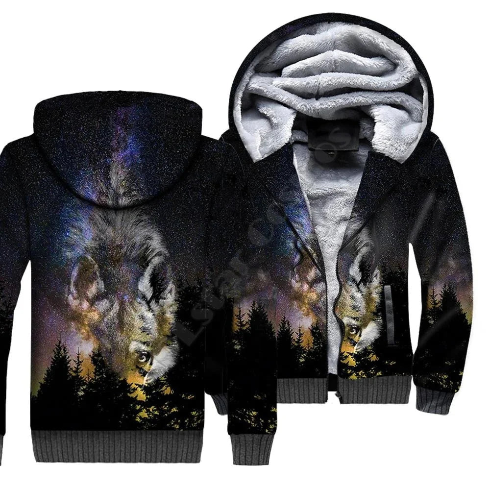 Sweatshirts com Capuz e Fecho em Polar com Estampado 3D de Lobo para Homem e Mulher, Casaco de Inverno Quente em Veludo Duplo Plus, Fatos de Cosplay JR09
