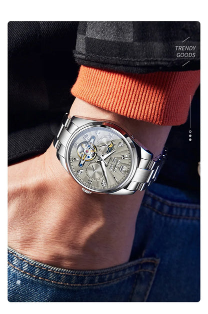 OLEVS 7028 Automatic Mechanical Men's Watch Tourbillon Dial Multifunctional Date Waterproof Luminous Watch for Men