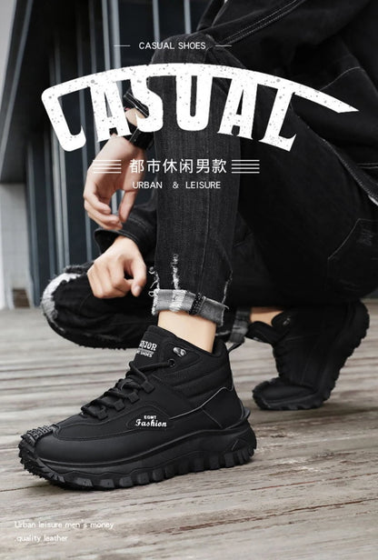 Men'S Black And White Mid Top Hiking Boots Waterproof Leather Platform Sneakers Non Slip Outdoor Casual Shoes With Rugged Sole