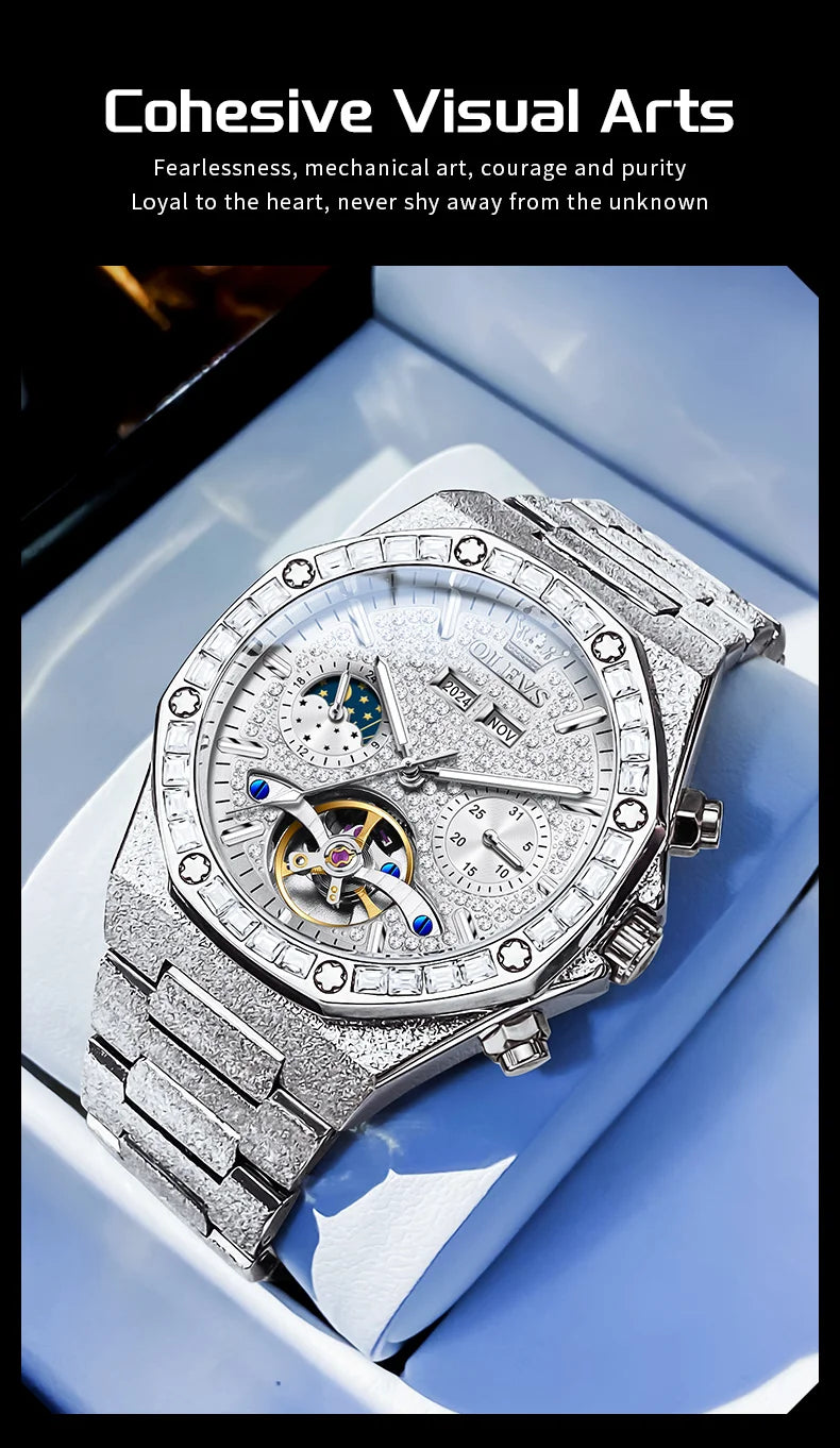 OLEVS 9805 Mens Watch Original Brand Tourbillon Automatic Mechanical Watch Diamond Dial Waterproof Moon Phase Watches For Men