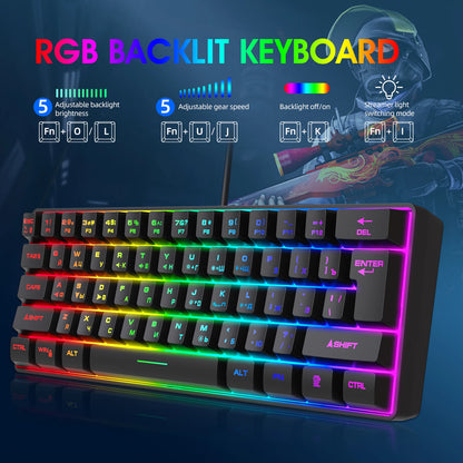 Gaming Keyboard, Russian/English RGB Backlit 61 Key Ultra-Compact Keyboard, Waterproof Mechanical Feeling Office Gaming Keyboards