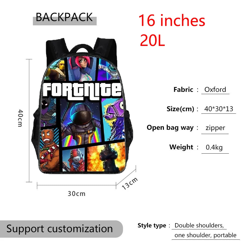 3pcs/set Mochila Fortnite de grande capacidade para estudante, estilo anime e cartoon, estojo, lancheira kawaii, presentes de aniversário