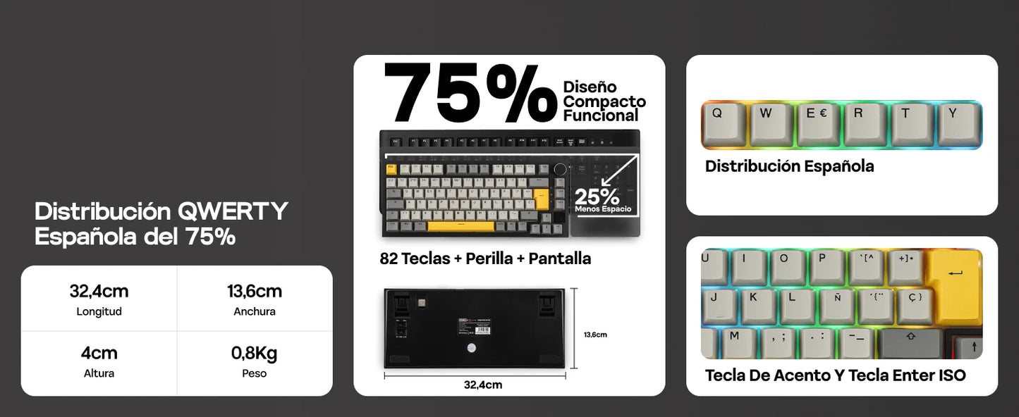 ISO-ES Layout EPOMAKER X AJAZZ AK820 PRO 75% Spanish Layout Wired/2.4GHz/BT Mechanical Keyboard with Screen & Knob for PC/Mac