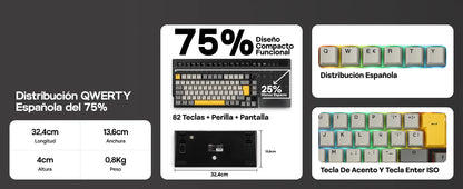 ISO-ES Layout EPOMAKER X AJAZZ AK820 PRO 75% Spanish Layout Wired/2.4GHz/BT Mechanical Keyboard with Screen & Knob for PC/Mac