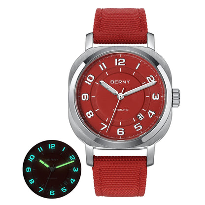 BERNY Mechanical Watch For Women Self-wind Pillow Cushion Sapphire Super Luminous Wristwatch Canvas Calendar Watch For Ladies