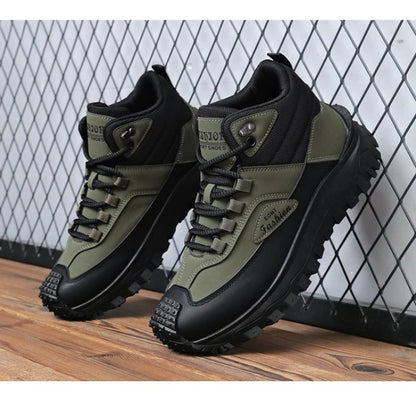 Men'S Black And White Mid Top Hiking Boots Waterproof Leather Platform Sneakers Non Slip Outdoor Casual Shoes With Rugged Sole