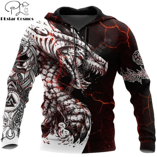 Ανδρικό Φούτερ με Κουκούλα Black & White Tattoo Dragon με 3D Εκτύπωση, Unisex Streetwear Ζακέτα με Φερμουάρ, Casual Μπουφάν Tracksuit KJ0192