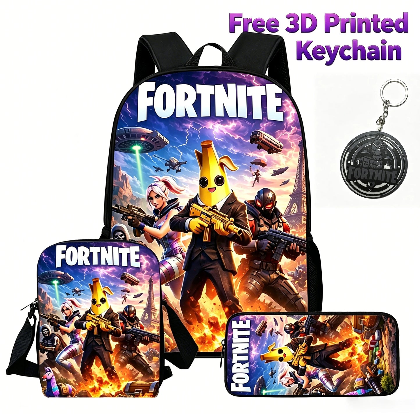 3Pcs Kids Backpack Set, Crossbody & Pencil Bag, FORTNITE Cartoon Bag, Lightweight for Boys Girls 6-10, Free 3D Printed Keychain