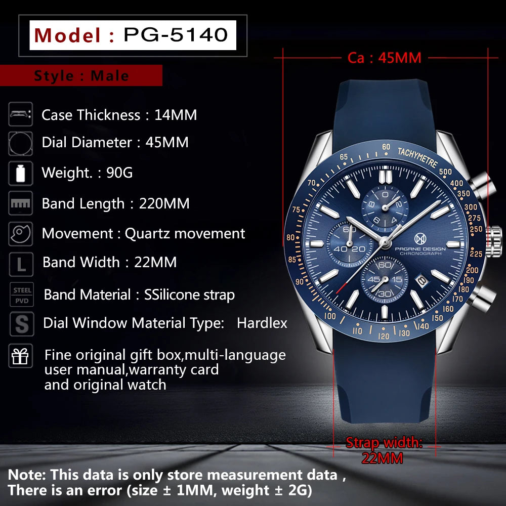 PAGANI DESIGN New 45mm Men Quartz Watch Rubber Belt Men's Luxury Watch Fashion Casual Sports Male Clock Relogio Maasculino