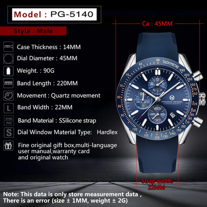 PAGANI DESIGN New 45mm Men Quartz Watch Rubber Belt Men's Luxury Watch Fashion Casual Sports Male Clock Relogio Maasculino