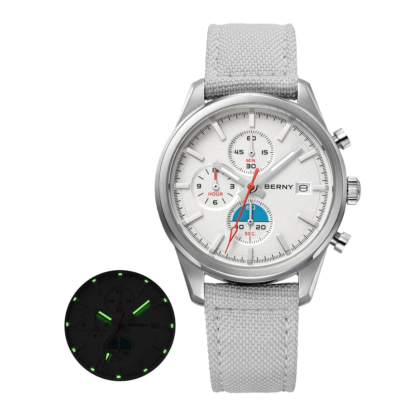 BERNY Chronograph Watch for Men/Women 37mm Dial Woven Fabric Sapphire AR Coated 5ATM Fashion Sport Calendar 316L Couple Watch