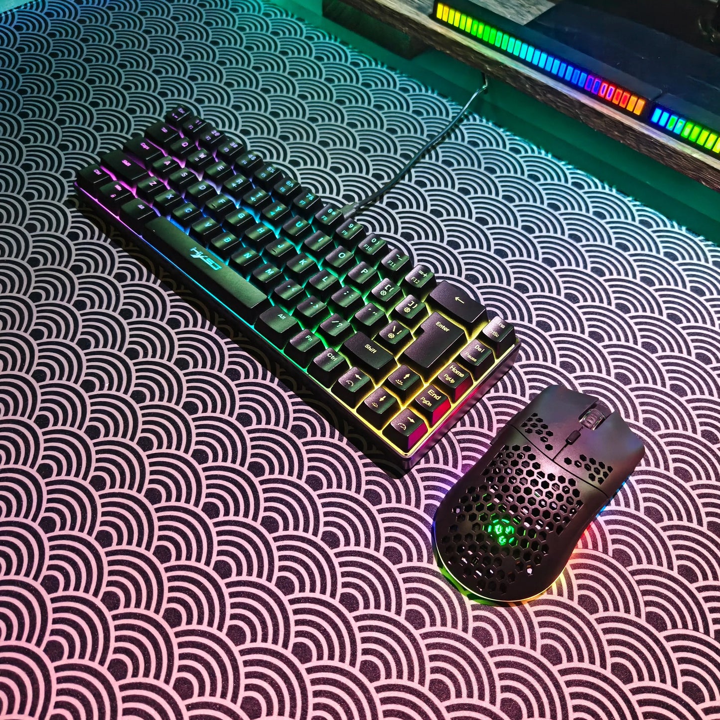 Portable HXSJ 60% RGB Gaming Keyboard and Mouse Set 68-Key Wired Membrane Keyboard 3-Mode Lightweight Wireless Mouse for PC Mac