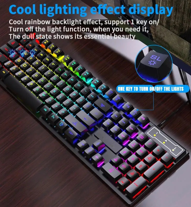 Conjunto de teclado com fios de 104 teclas com retroiluminação RGB e efeito de respiração, teclado gaming ergonómico e rato para computador, portátil, gamer e escritório