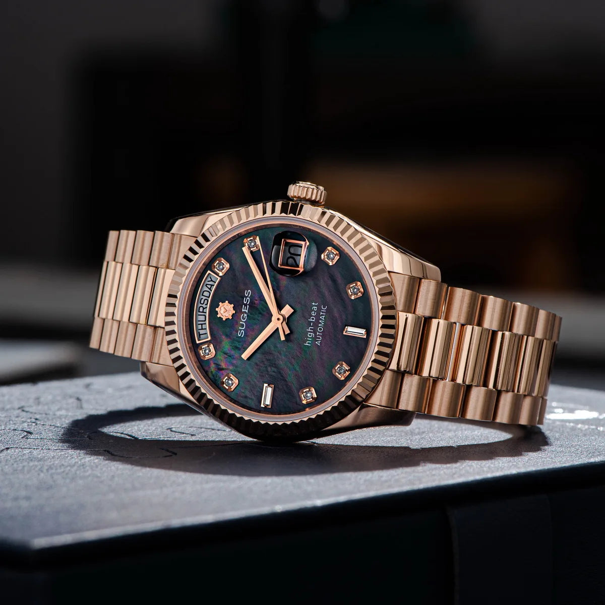 Sugess 36mm Mens of Watch Automatic Dandong Peacock SL3034 Day Movement Sapphire Glass 100m Waterproof Wristwatches MOP Date New
